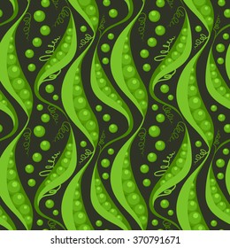 Vector decorative seamless pattern with green peas on a black background