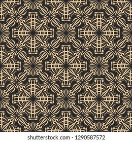 Vector decorative seamless pattern, indian repeating ornament with unusual pale golden design elements, vintage ethnic theme for wallpaper, trendy graphic with curve flourishes on black background.