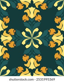 Padrão decorativo sem emenda do vetor com mandalas de íris e freesias no fundo verde. Design de superfície floral para tecido e papel de parede. Textura ornamental com flores amarelas floridas em azulejo