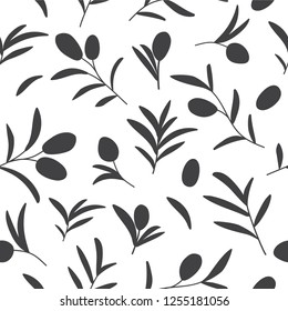 Vector decorative seamless pattern with olive branches on white. Background design for olive oil, natural cosmetics, wrapping paper, fabric.