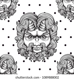 Vector decorative seamless pattern with Pan, ancient Greek mask. Ancient ethnic symbol of Greece in black and white colors. Myths and legends. Artwork is great for print and textile.