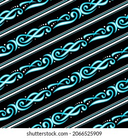 Vector decorative Seamless Pattern, square repeating ornament with unusual blue design elements in a row, vintage ethnic theme for wallpaper, trendy graphic with curve flourishes on black background.