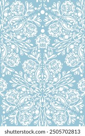 Vector decorative seamless pattern with white ornate lace on blue background. Surface design of delicate floral ornament for fabrics and wrapping paper