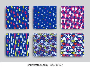 Vector decorative seamless patterns set. Merry Christmas and Happy New Year. Winter holiday design backgrounds  illustration. Acid Pink Blue White