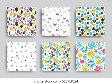 Vector decorative seamless patterns set. Merry Christmas and Happy New Year. Winter holiday design backgrounds  illustration. Green Blue Pink White