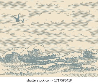 Vector decorative seascape in retro style with waves, seagulls and clouds in the sky. Hand-drawn illustration of the sea or ocean, waves of water on the old paper background. Contour drawing