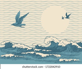 Vector decorative seascape in retro style with waves, seagulls and Sun in the sky. Hand-drawn illustration of the sea or ocean, waves of water with white ridges of sea foam on the old paper background