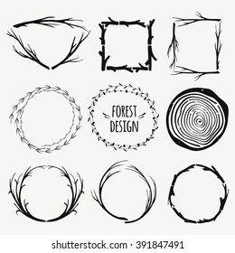 Vector decorative set of different frames with plants and tree branches. Rustic design for invitations, scrapbooking, greeting cards. Boho style.