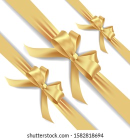 Vector decorative set of golden bow with diagonally ribbon for corner decor. Vector realistic yellow bow, can be use party and celebration, New year holiday decoration