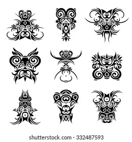 Vector Decorative Shaman Masks. Isolated Fictitious Creature On White Background. Set of Tribal Tattoo