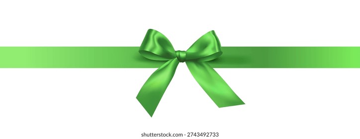 Vector decorative shiny gift bright green ribbon with tied bow design element isolated on white background