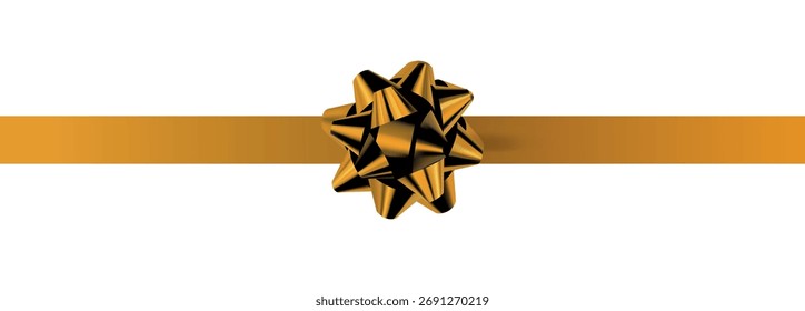 Vector decorative shiny gift gold ribbon with tied bow design element isolated on white background