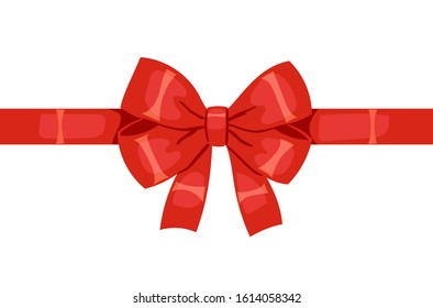 Vector decorative silk bow with horizontal red ribbon on white background. For hair decoration, celebration party items, gift packaging on Christmas or Birthday, present cards and luxury wrap pack.