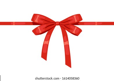 Vector decorative silk bow with horizontal red ribbon on white background. For hair decoration, celebration party items, gift packaging on Christmas or Birthday, present cards and luxury wrap pack.