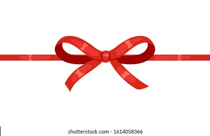 Vector decorative silk bow with horizontal red ribbon on white background. For hair decoration, celebration party items, gift packaging on Christmas or Birthday, present cards and luxury wrap pack.