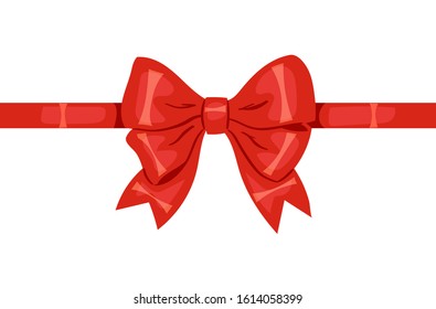 Vector decorative silk bow with horizontal red ribbon on white background. For hair decoration, celebration party items, gift packaging on Christmas or Birthday, present cards and luxury wrap pack.