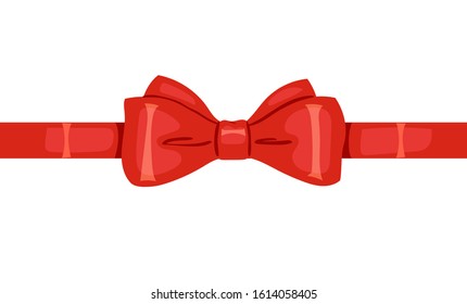 Vector decorative silk bow with horizontal red ribbon on white background. For hair decoration, celebration party items, gift packaging on Christmas or Birthday, present cards and luxury wrap pack.