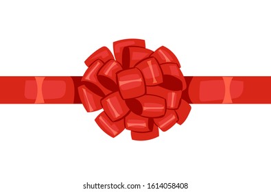 Vector decorative silk bow with horizontal red ribbon on white background. For hair decoration, celebration party items, gift packaging on Christmas or Birthday, present cards and luxury wrap pack.