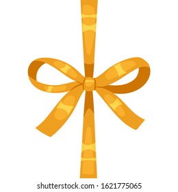Vector decorative silk bow with vertical golden ribbon on white background. For hair decoration, celebration party items, gift packaging on Christmas or Birthday, present cards and luxury wrap pack.