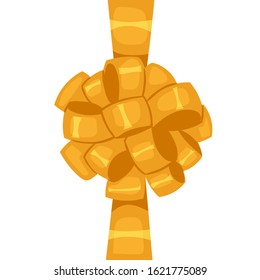 Vector decorative silk bow with vertical golden ribbon on white background. For hair decoration, celebration party items, gift packaging on Christmas or Birthday, present cards and luxury wrap pack.