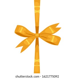 Vector decorative silk bow with vertical golden ribbon on white background. For hair decoration, celebration party items, gift packaging on Christmas or Birthday, present cards and luxury wrap pack.