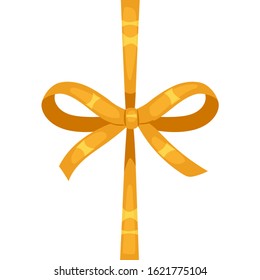 Vector decorative silk bow with vertical golden ribbon on white background. For hair decoration, celebration party items, gift packaging on Christmas or Birthday, present cards and luxury wrap pack.