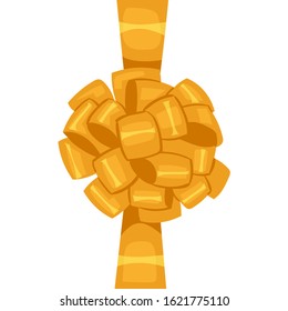 Vector decorative silk bow with vertical golden ribbon on white background. For hair decoration, celebration party items, gift packaging on Christmas or Birthday, present cards and luxury wrap pack.