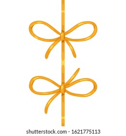 Vector decorative silk bow with vertical golden ribbon on white background. For hair decoration, celebration party items, gift packaging on Christmas or Birthday, present cards and luxury wrap pack.