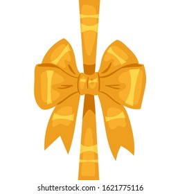 Vector decorative silk bow with vertical golden ribbon on white background. For hair decoration, celebration party items, gift packaging on Christmas or Birthday, present cards and luxury wrap pack.