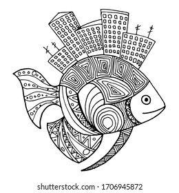 Vector decorative sketch of a city on the back of a fish. Abstraction, fanasia. Sketch, illustration.