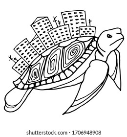 
Vector decorative sketch of a city on the back of a turtle. Abstraction, fanasia. Sketch, illustration.