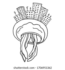 
Vector decorative sketch of a city on the back of a jellyfish. Abstraction, fanasia. Sketch, illustration.