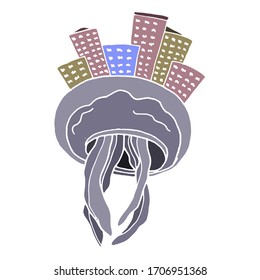 
Vector decorative sketch of a city on the back of a jellyfish. Abstraction, fanasia. Sketch, illustration.