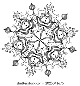 Vector decorative snowflake. Hand drawn illustration in line art style. Design for the winter holidays, Christmas, New Year. Xmas doodle. Monochrome art