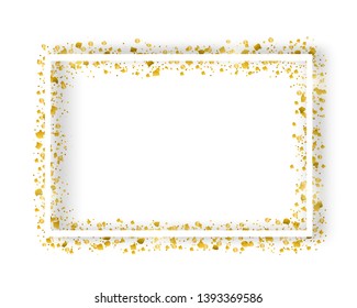 Vector decorative square frame with glitter tinsel of confetti. Glowing festive border with shiny sparkles and golden elements