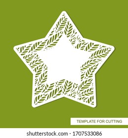 Vector decorative star with pattern of branches, leaves and copy space. Design element, sample panel for plotter cutting, paper cut, plywood, cardboard, metal engraving, wood carving, printing.