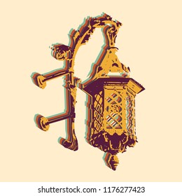 Vector decorative street lamp. Retro card.