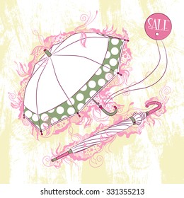 Vector decorative stylish illustration two umbrellas open and closed, on grunge background with floral ornaments
