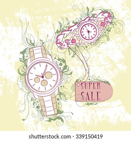 Vector decorative stylish illustration women's and men's watches, on grunge background with floral ornaments