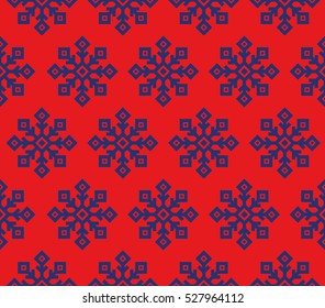 Vector. Decorative stylish seamless blue snowflake background pattern for decoration, design, business on a  red background. Template for textile, wrappers, package 
