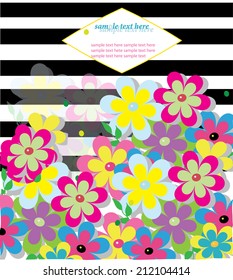 vector decorative stylized drawing of a bouquet of flowers with text in black stripe