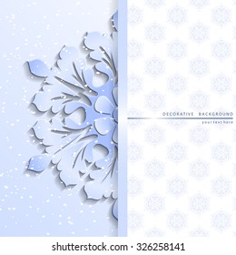 Vector decorative stylized snowflake on light background and  white vertical copyspace for your text. 