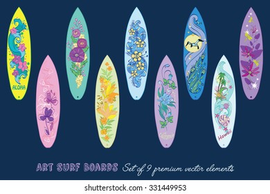 Vector Decorative Surf Boards Set 9 Elements Seamless Pattern