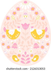 Vector Decorative Symmetrical Folk Art Easter Egg Illustration with Cute Chickens