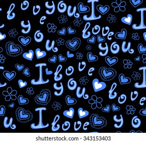 Vector decorative texture with floral composition, butterflies, words of love. Endless seamless decorative pattern