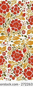 Vector decorative tracery floral pattern. Slavic ornament with red flowers on white background for wallpaper, fabric, and wrapping paper.