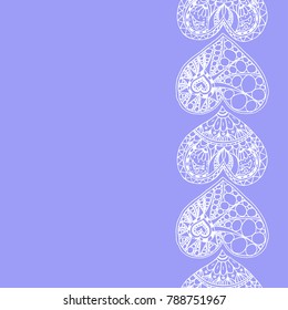 Vector decorative vertical border from white hand drawing hearts on violet background. Doodle hearts.