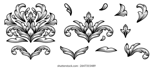 Vector decorative vintage victorian ornamental set. Luxury Baroque ornament border frame, decoration element collection. Vintage floral border elements, engraved leaves, swirl, filigree, arabesque