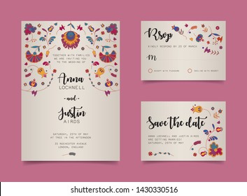 Vector decorative wedding invitation and RSVP. Floral, polish folklore modern card isolated on white.