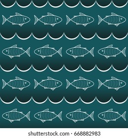 Vector decorative white fishes and waves on blue seamless pattern